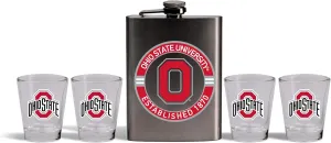 The Memory Company | Licensed NCAA Stainless Steel Team Logo Flask and (4) Shot Glass Set