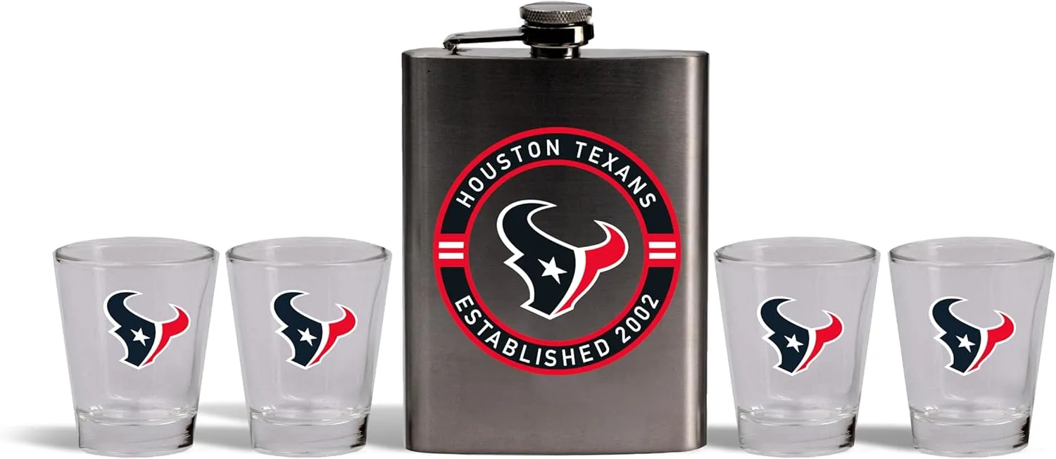 The Memory Company Officially Licensed NFL Stainless Steel Team Logo Flask & Shot Glass Gift Set - Premium 8oz Flask with 4 2oz Shot Glasses - Licensed Game Day Barware