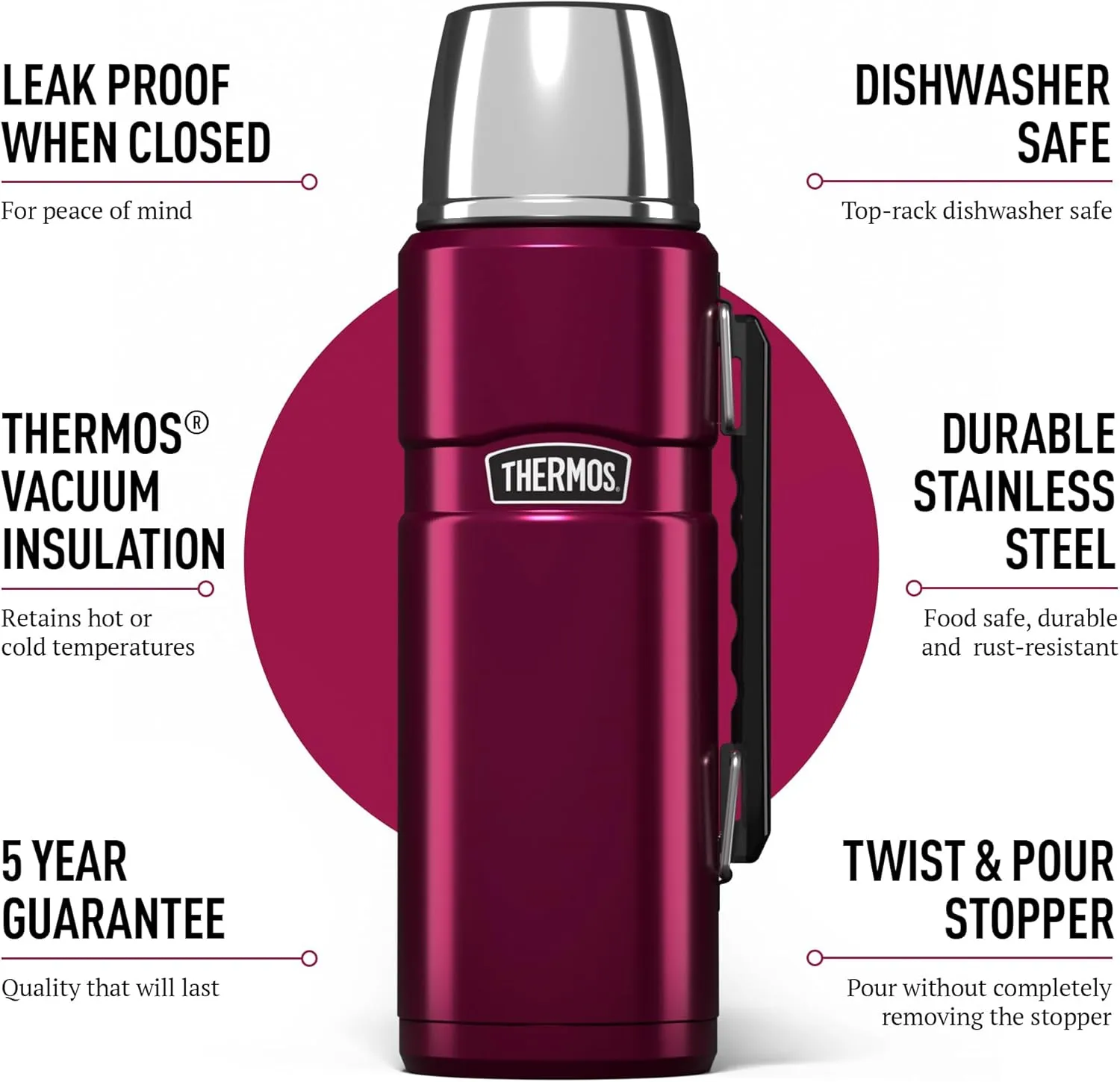 Thermos 81092 Flask, Stainless Steel, Raspberry, 1.2L
