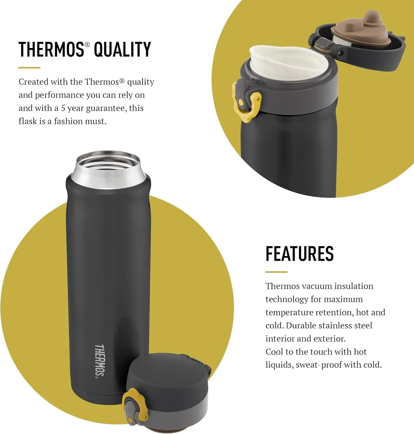 Thermos - Charcoal Direct Drink Flask (470ml) Reusable Insulated Stainless Steel Thermal Coffee Cup for Hot or Cold Drinks, Vacuum Sealed Water Flask with a Leak-Proof Lid, 10hr Hot/24hr Cold