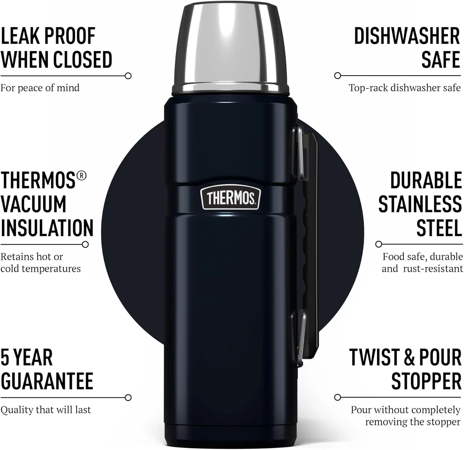 Thermos Stainless King Flask, Glossy Black, 1.2 L, 33.6 x 11.99 x 33.6 cm, 183267