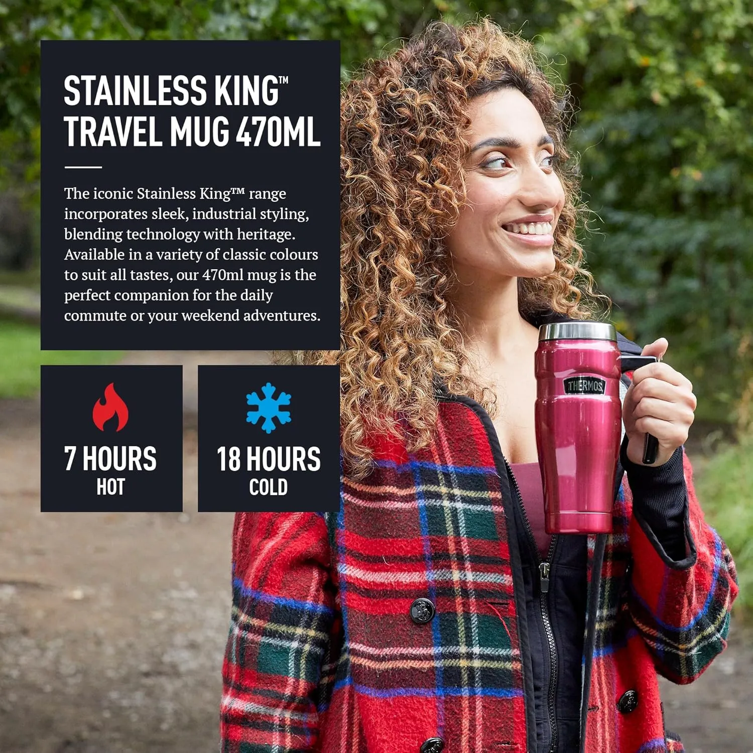 Thermos Stainless King Midnight Blue Travel Mug (470ml), Reusable Insulated Stainless Steel Coffee Cup for Hot or Cold Drinks, Vacuum Sealed Water Flask with a Leak-Proof Lid, 7hr Hot/18hr