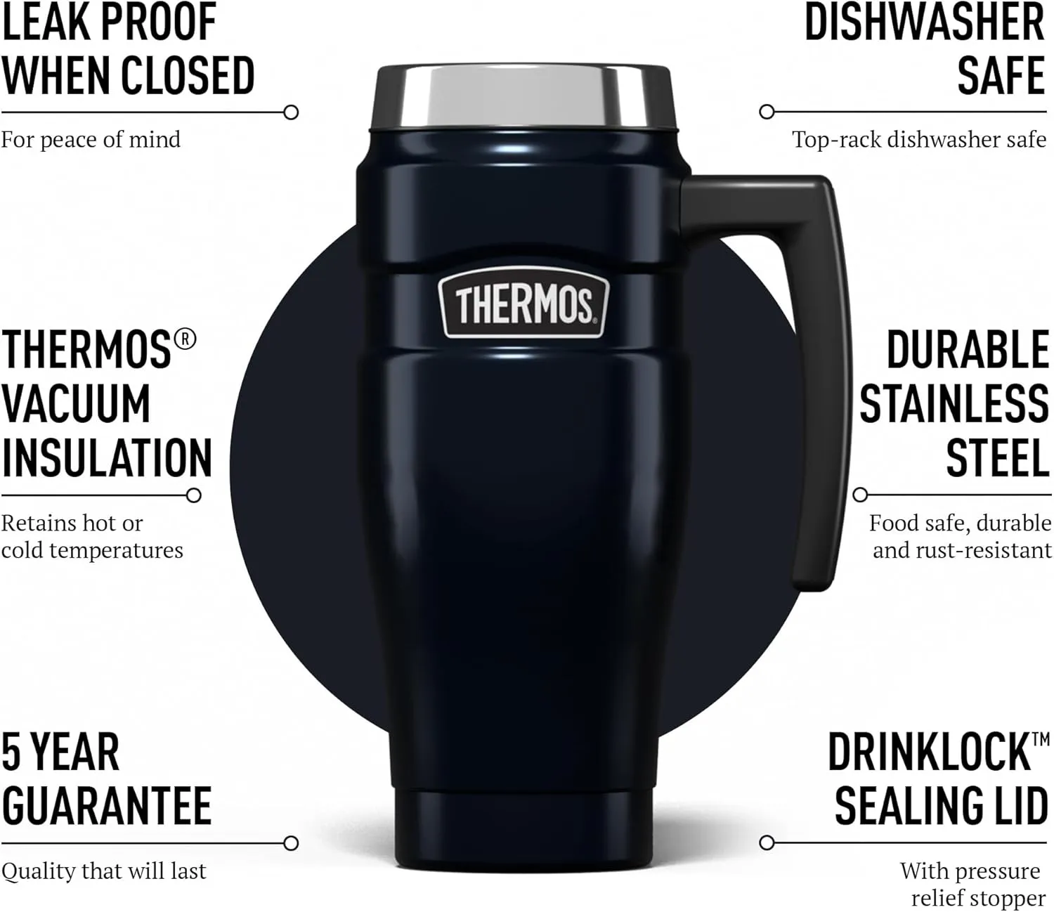 Thermos Stainless King Midnight Blue Travel Mug (470ml), Reusable Insulated Stainless Steel Coffee Cup for Hot or Cold Drinks, Vacuum Sealed Water Flask with a Leak-Proof Lid, 7hr Hot/18hr