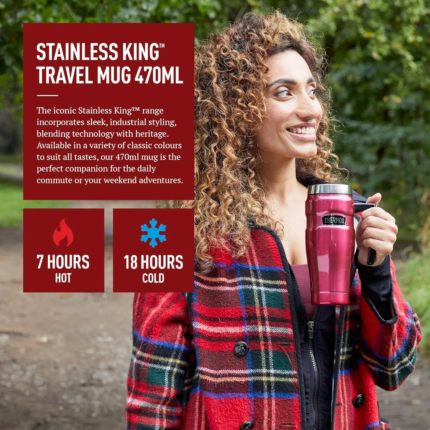 Thermos Stainless King Red Travel Mug (470ml), Reusable Insulated Stainless Steel Coffee Cup for Hot or Cold Drinks, Vacuum Sealed Water Flask with a Leak-Proof Lid, 7hr Hot/18hr