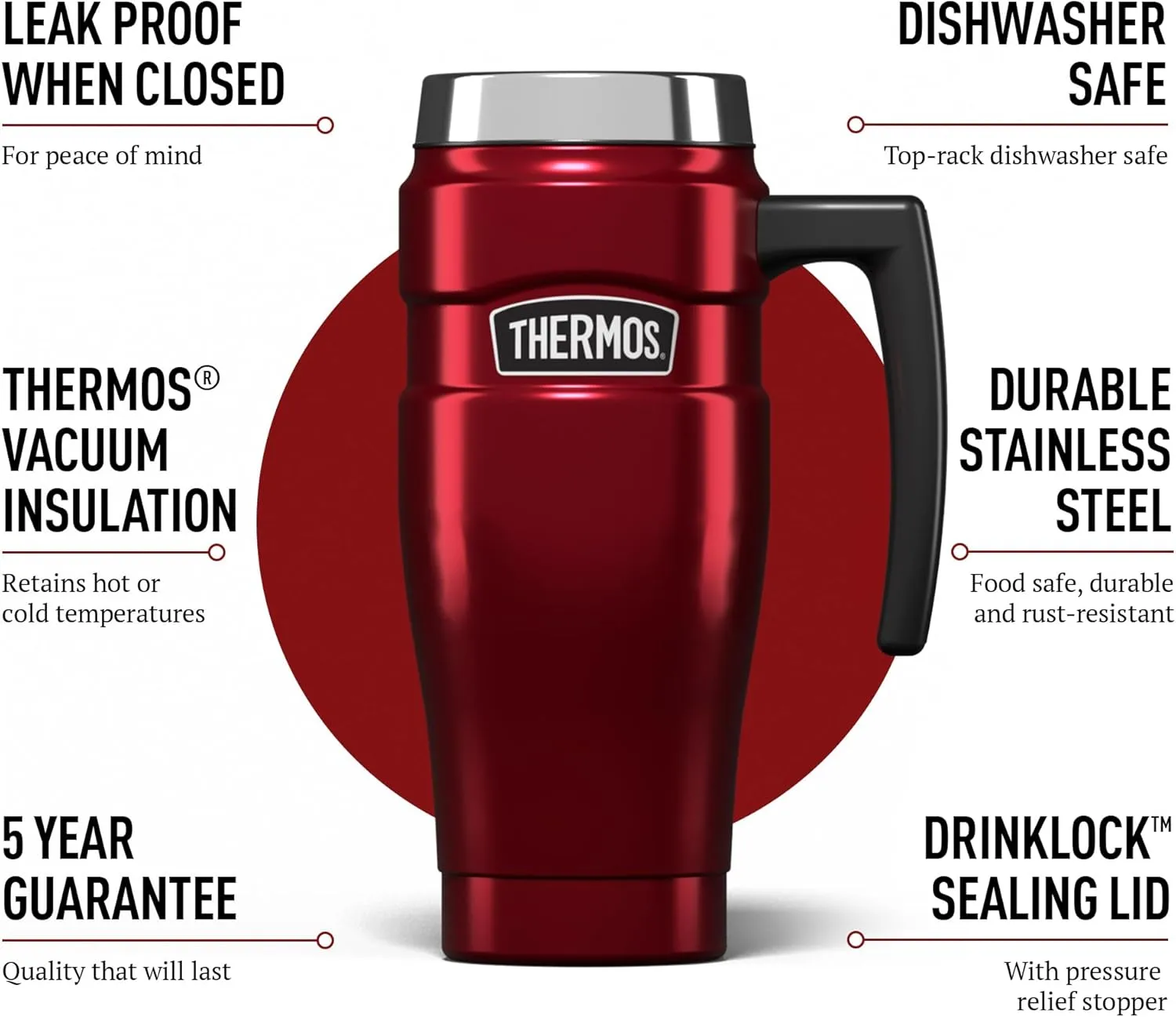 Thermos Stainless King Red Travel Mug (470ml), Reusable Insulated Stainless Steel Coffee Cup for Hot or Cold Drinks, Vacuum Sealed Water Flask with a Leak-Proof Lid, 7hr Hot/18hr