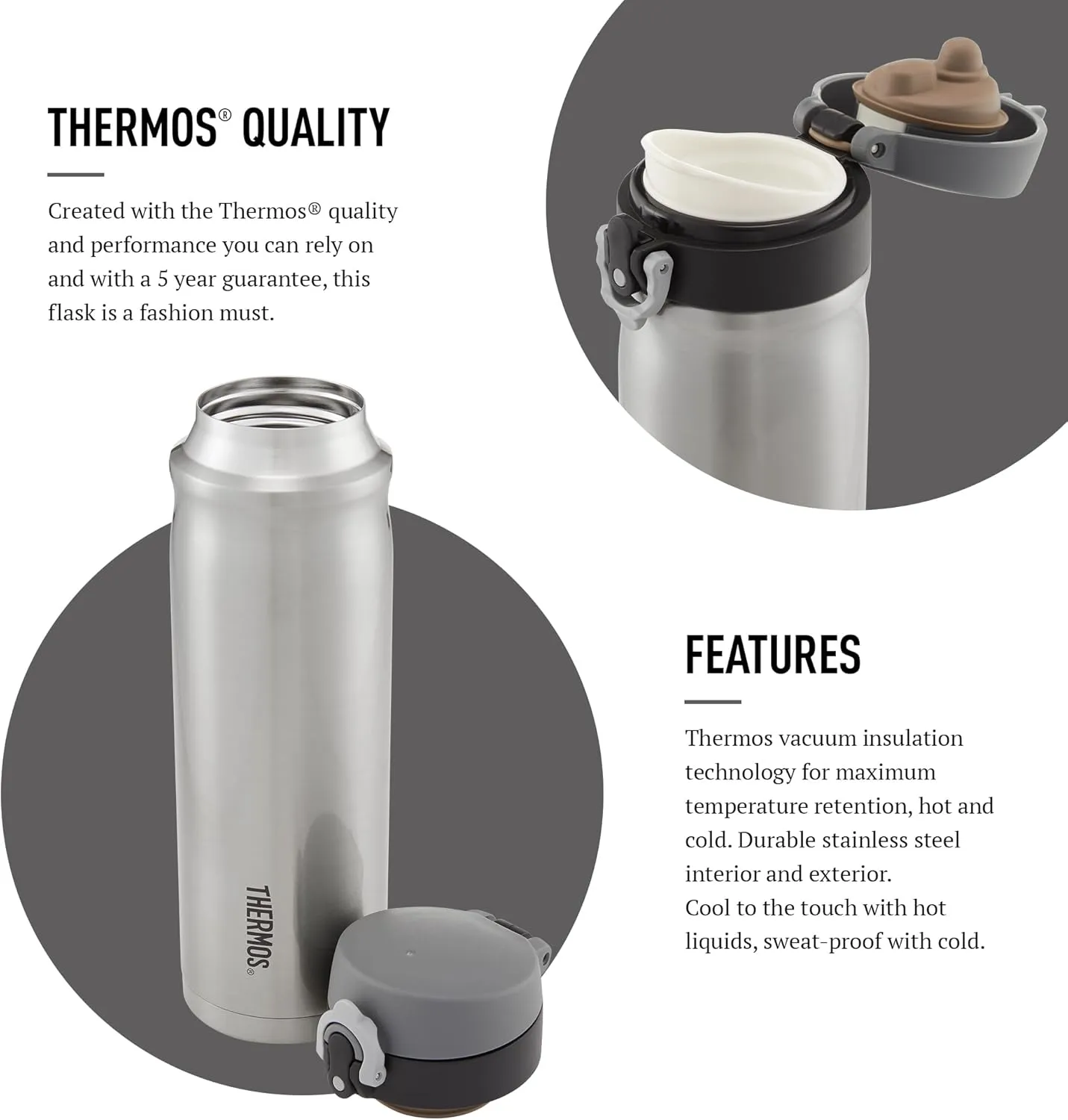 Thermos - Stainless Steel Direct Drink Flask (470ml) Reusable Insulated Thermal Coffee Cup for Hot or Cold Drinks, Vacuum Sealed Water Flask with a Leak-Proof Lid, 10hr Hot/24hr Cold