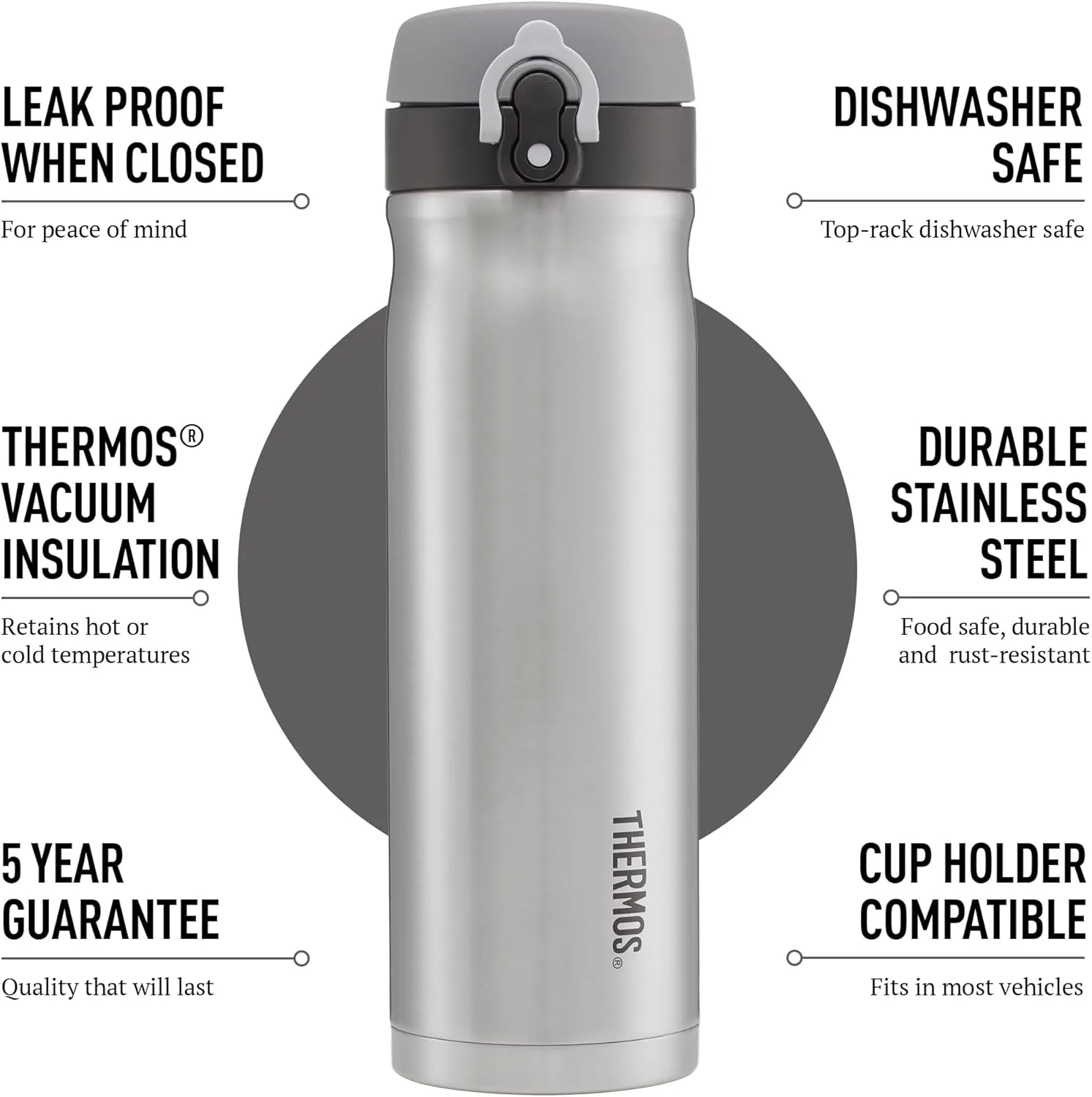 Thermos - Stainless Steel Direct Drink Flask (470ml) Reusable Insulated Thermal Coffee Cup for Hot or Cold Drinks, Vacuum Sealed Water Flask with a Leak-Proof Lid, 10hr Hot/24hr Cold