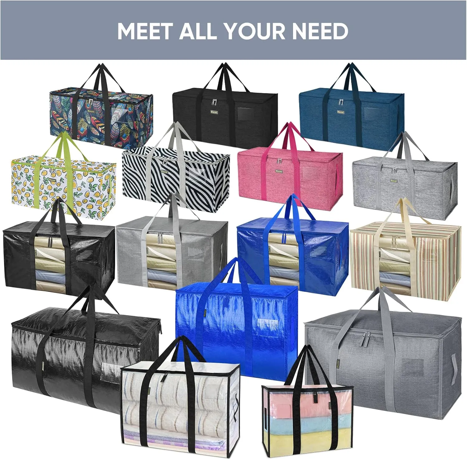 TICONN 8 Pack Extra Large Moving Bags with Zippers & Carrying Handles, Heavy-Duty Storage Tote Moving Boxes for Space Saving