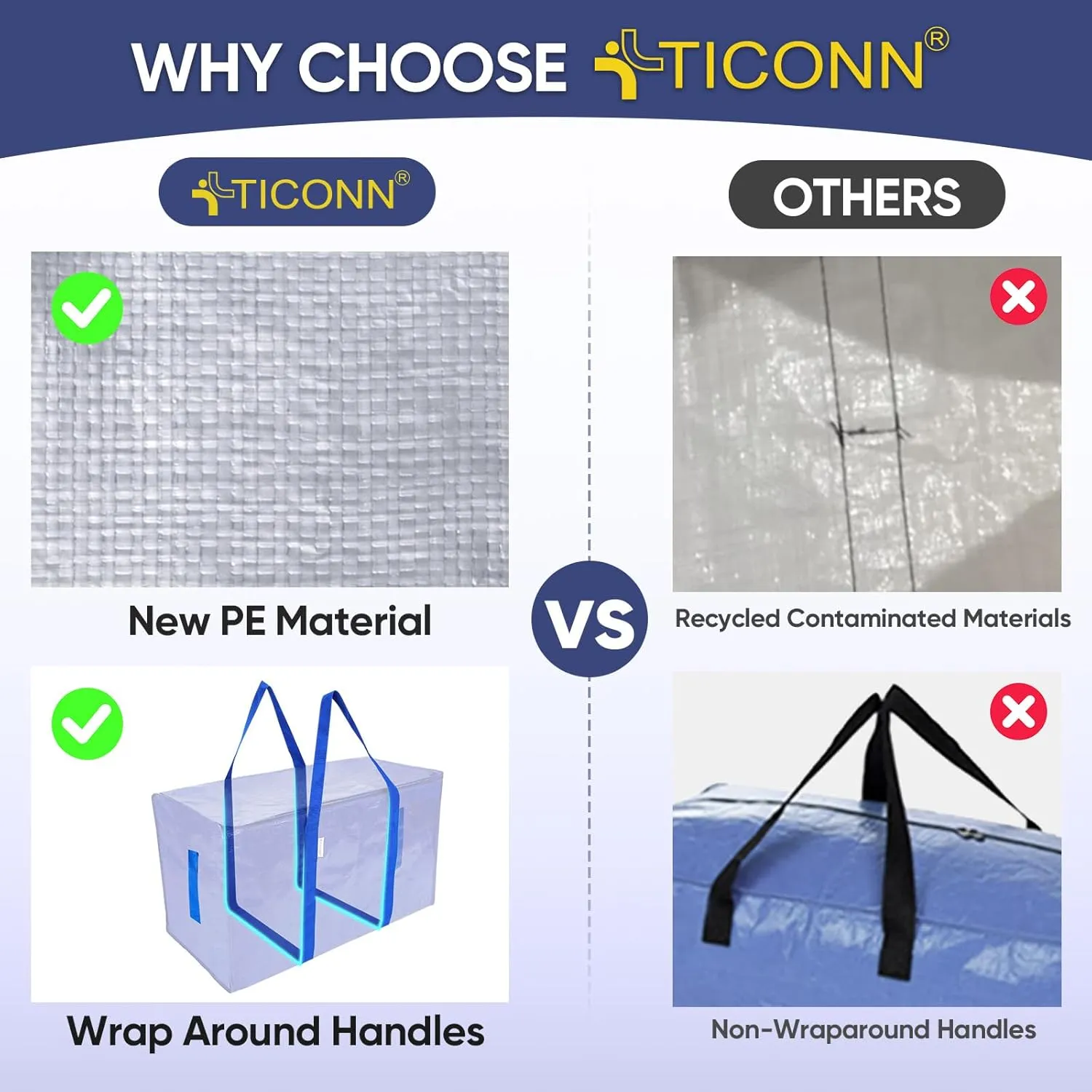 TICONN 8 Pack Extra Large Moving Bags with Zippers & Carrying Handles, Heavy-Duty Storage Tote Moving Boxes for Space Saving