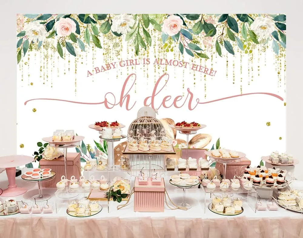 Ticuenicoa 5x3ft Oh Deer A Baby Girl is Almost Here Baby Shower Backdrop for Photography Pink Floral Babyshower Backdrops Glitter Gold Buckhorn Newborn Kids Birthday Decorations Oh Baby Background