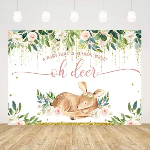 Ticuenicoa 5x3ft Oh Deer A Baby Girl is Almost Here Baby Shower Backdrop for Photography Pink Floral Babyshower Backdrops Glitter Gold Buckhorn Newborn Kids Birthday Decorations Oh Baby Background