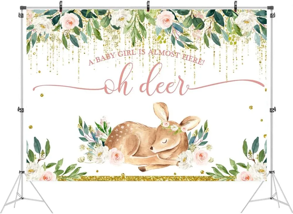 Ticuenicoa 5x3ft Oh Deer A Baby Girl is Almost Here Baby Shower Backdrop for Photography Pink Floral Babyshower Backdrops Glitter Gold Buckhorn Newborn Kids Birthday Decorations Oh Baby Background