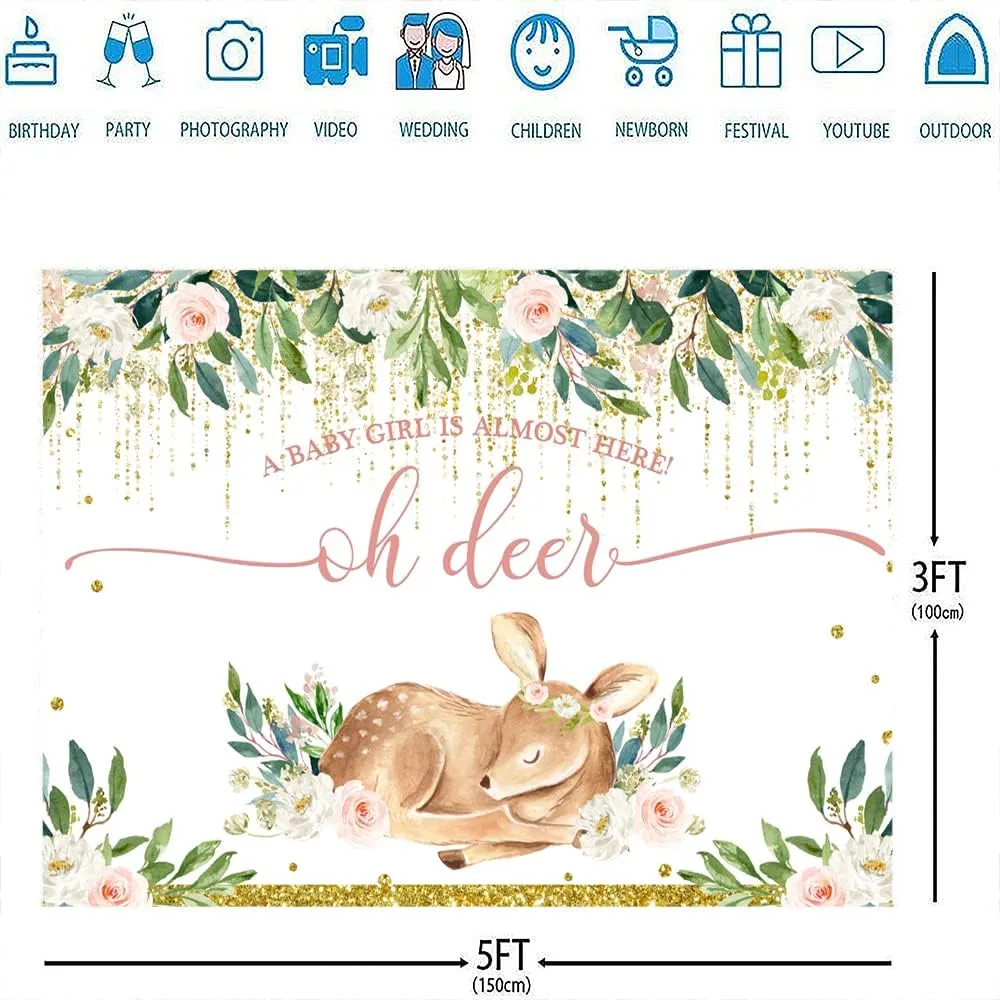 Ticuenicoa 5x3ft Oh Deer A Baby Girl is Almost Here Baby Shower Backdrop for Photography Pink Floral Babyshower Backdrops Glitter Gold Buckhorn Newborn Kids Birthday Decorations Oh Baby Background
