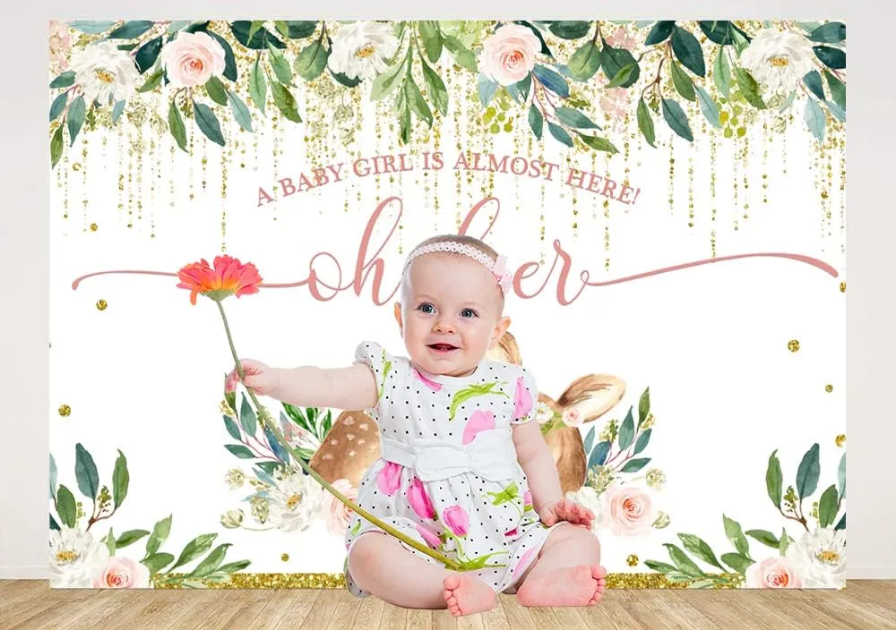Ticuenicoa 5x3ft Oh Deer A Baby Girl is Almost Here Baby Shower Backdrop for Photography Pink Floral Babyshower Backdrops Glitter Gold Buckhorn Newborn Kids Birthday Decorations Oh Baby Background