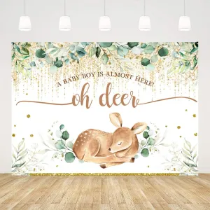 Ticuenicoa 7x5ft Oh Deer A Baby Boy is Almost Here Baby Shower Backdrop for Photography Green Leaves Babyshower Backdrops Glitter Gold Newborn Kids Birthday Decorations Oh Baby Background