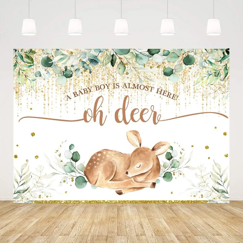 Ticuenicoa 7x5ft Oh Deer A Baby Boy is Almost Here Baby Shower Backdrop for Photography Green Leaves Babyshower Backdrops Glitter Gold Newborn Kids Birthday Decorations Oh Baby Background