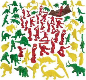TimMee Prehistoric Plastic Dinosaur & Caveman Figures - Red, Green & Yellow 73pc