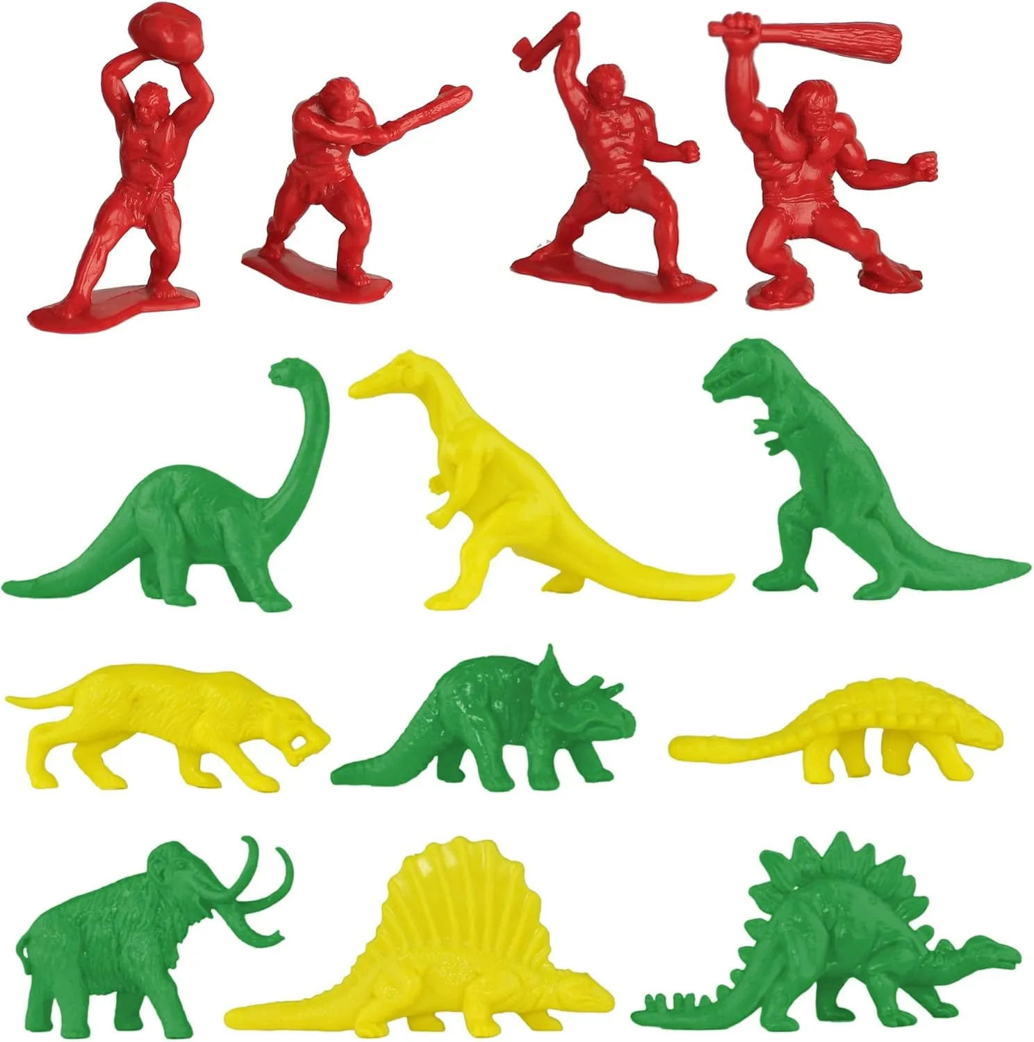 TimMee Prehistoric Plastic Dinosaur & Caveman Figures - Red, Green & Yellow 73pc