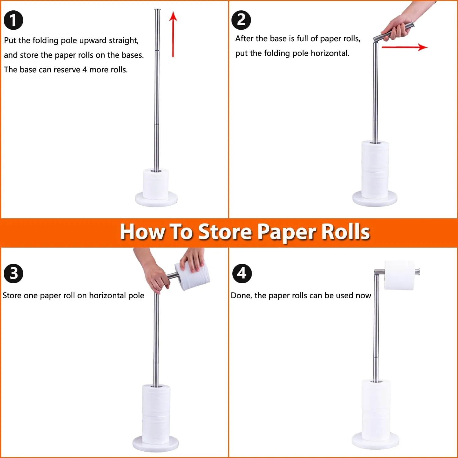 Toilet Paper Holder Stand, Freestanding Toilet Paper Holder with Heavy Marble Base and Brushed Nickel SUS304 Stainless Steel Pole