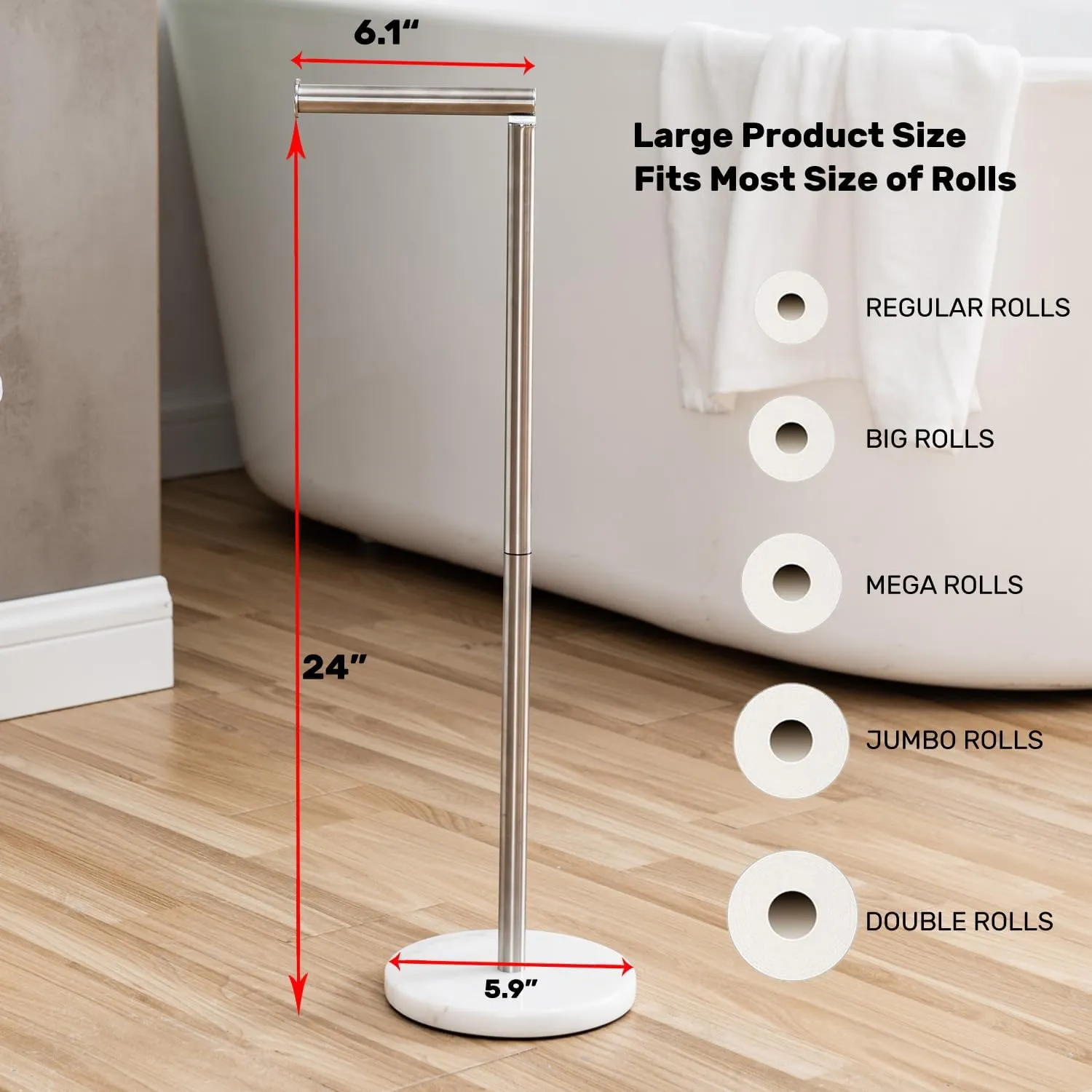 Toilet Paper Holder Stand, Freestanding Toilet Paper Holder with Heavy Marble Base and Brushed Nickel SUS304 Stainless Steel Pole