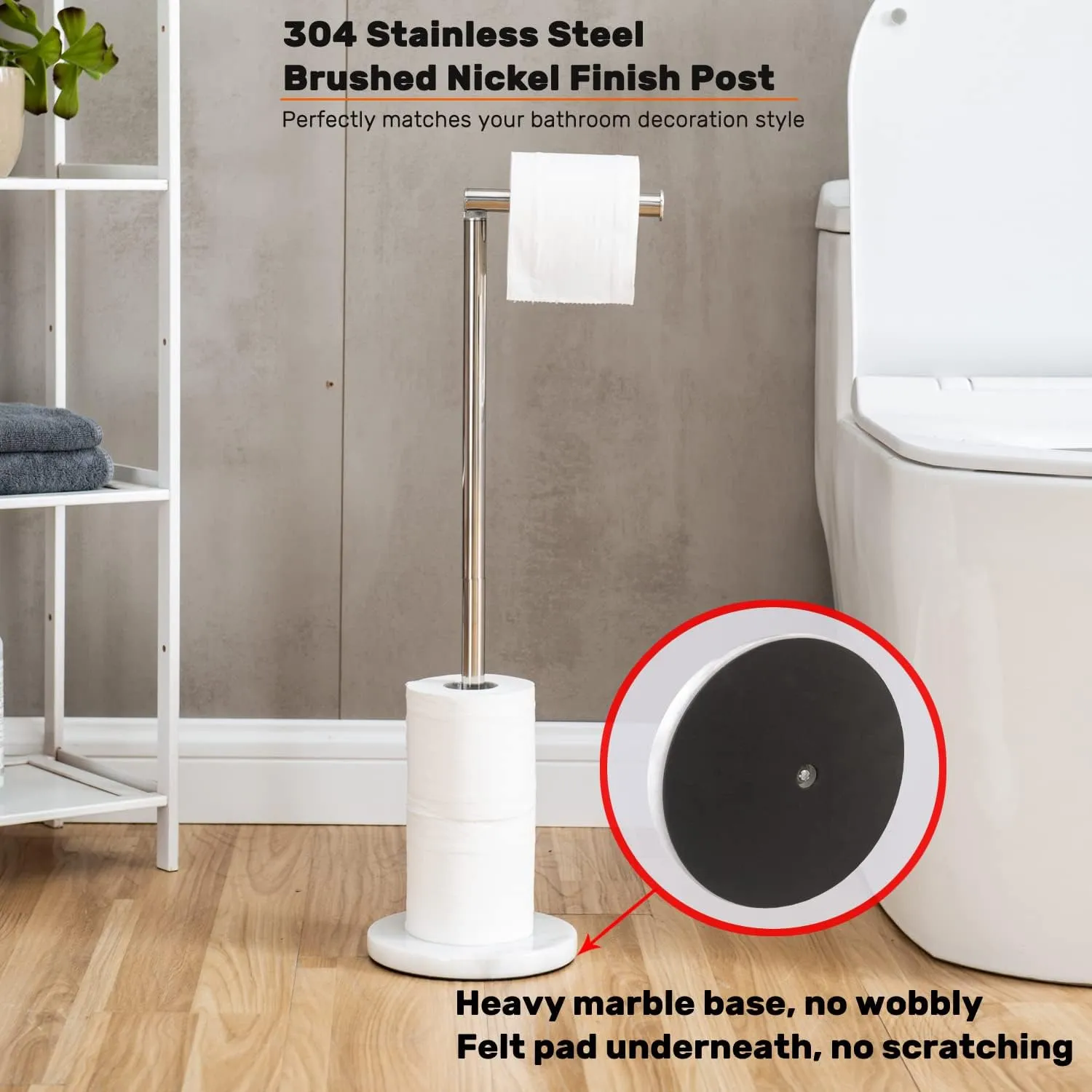 Toilet Paper Holder Stand, Freestanding Toilet Paper Holder with Heavy Marble Base and Brushed Nickel SUS304 Stainless Steel Pole