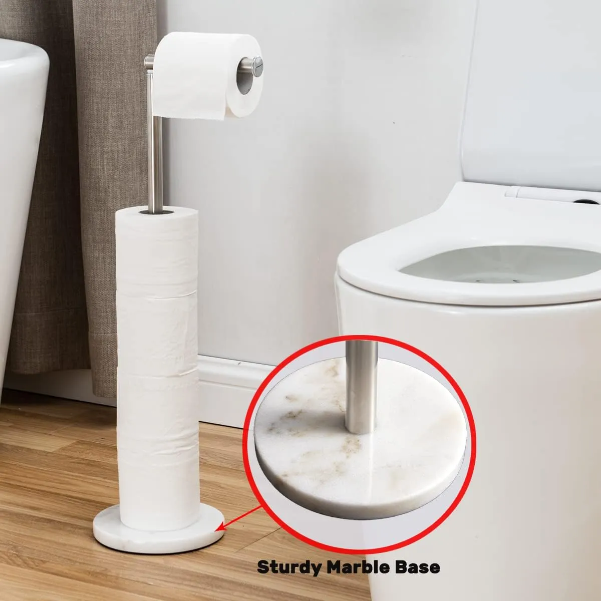 Toilet Paper Holder Stand, Freestanding Toilet Paper Holder with Heavy Marble Base and Brushed Nickel SUS304 Stainless Steel Pole