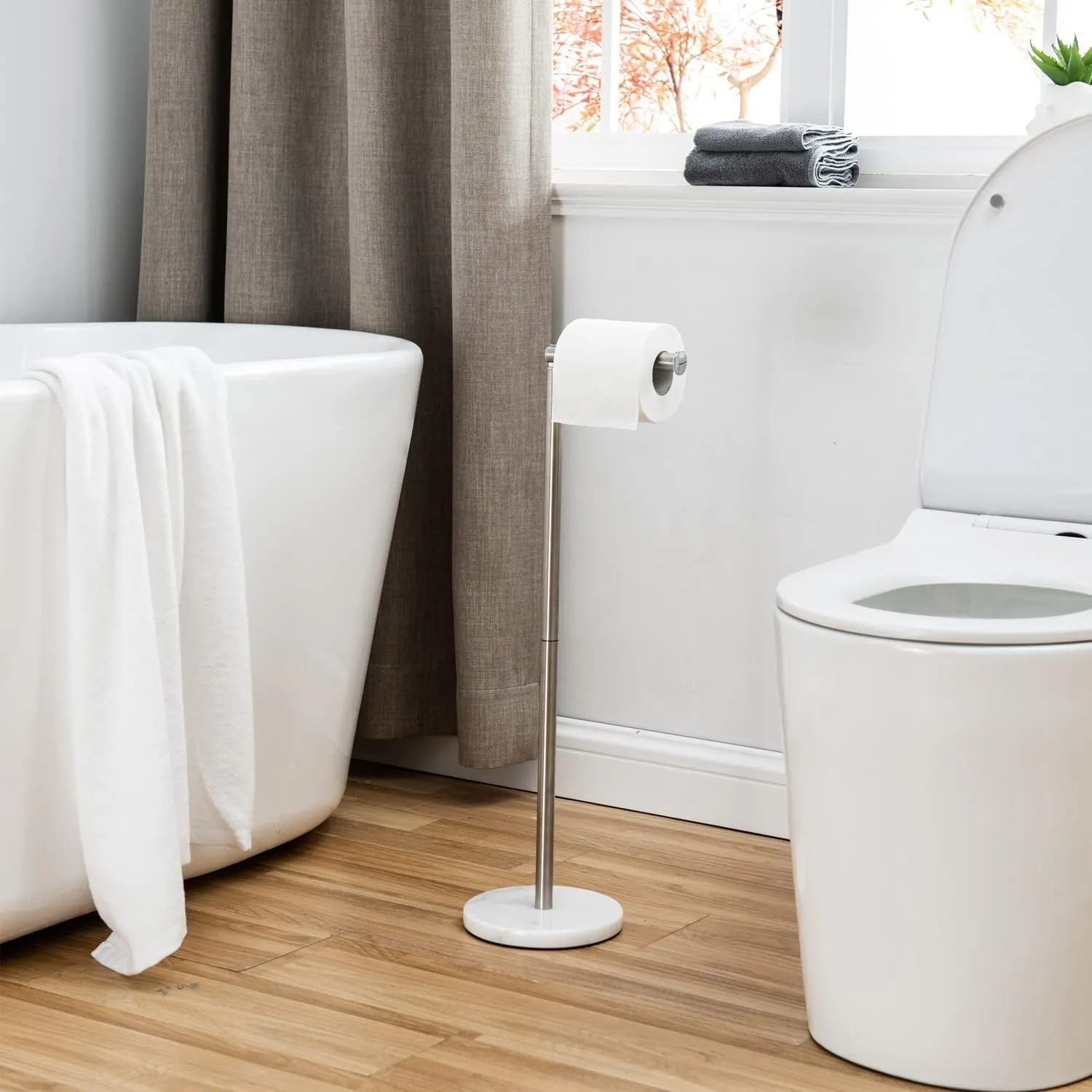 Toilet Paper Holder Stand, Freestanding Toilet Paper Holder with Heavy Marble Base and Brushed Nickel SUS304 Stainless Steel Pole