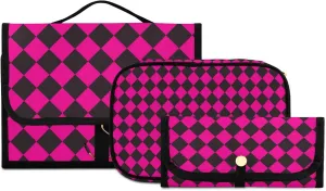 Toiletry Bag for Women, Black And Bright Pink Rhombus Plaid Hanging Travel Toiletry Bag, 1 Cosmetic Bag, 1 Makeup Brush Bag