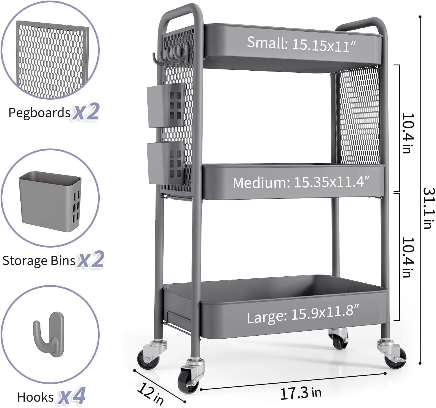 TOOLF Rolling Carts with Wheels, 3 Tier Rolling Utility Cart, Metal Storage Organizer with Pegboard Hooks Bins for Bathroom Kitchen Storage, Three Tier Cart for Book Diaper & Craft Art Supplies, Grey
