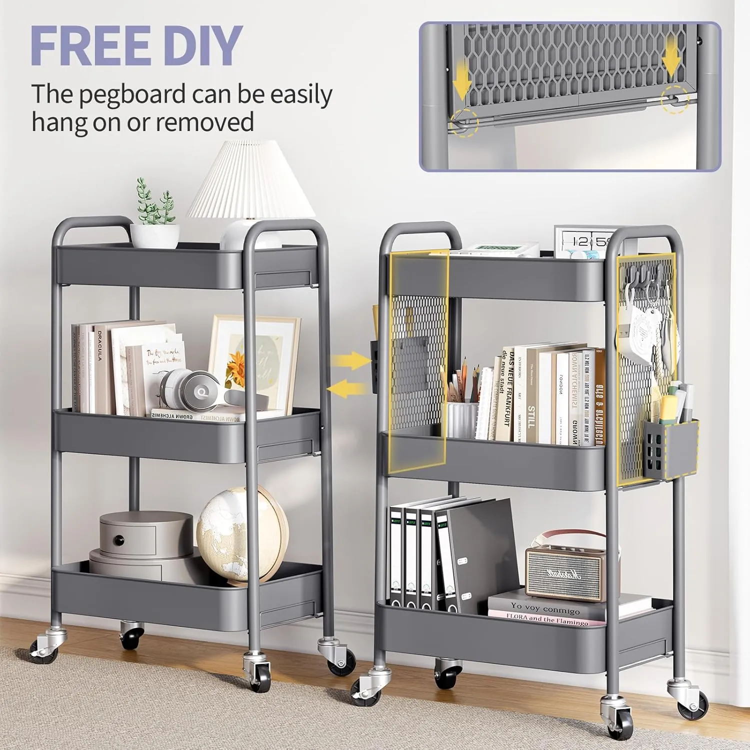 TOOLF Rolling Carts with Wheels, 3 Tier Rolling Utility Cart, Metal Storage Organizer with Pegboard Hooks Bins for Bathroom Kitchen Storage, Three Tier Cart for Book Diaper & Craft Art Supplies, Grey