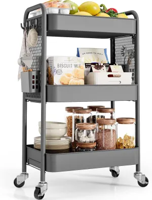 TOOLF Rolling Carts with Wheels, 3 Tier Rolling Utility Cart, Metal Storage Organizer with Pegboard Hooks Bins for Bathroom Kitchen Storage, Three Tier Cart for Book Diaper & Craft Art Supplies, Grey
