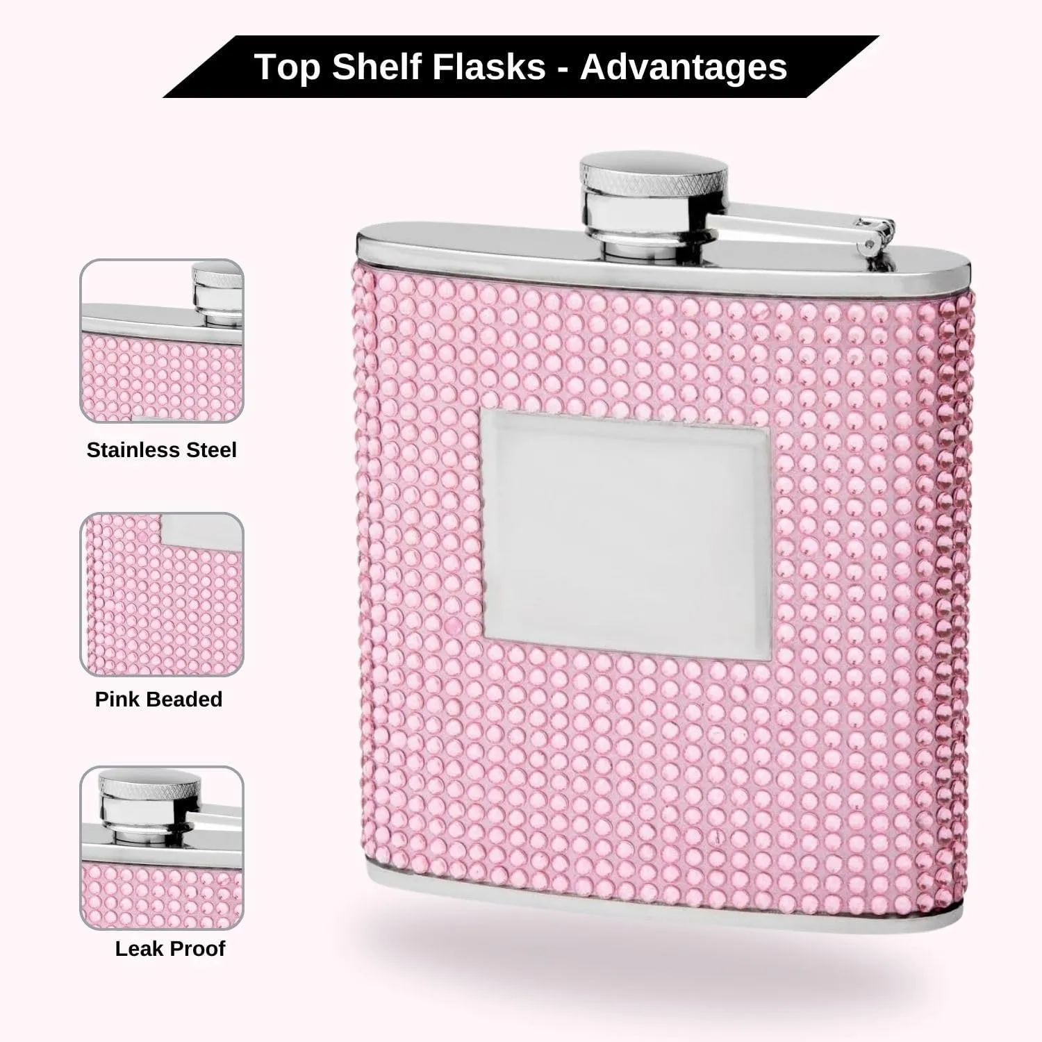 Top Shelf Flasks - Beaded Rhinestone Cute Pink Purse Size Stainless Steel Hip Flask | 6 Oz GIrl Drinking Whiskey Rustproof Flask | Perfect for Girlfriend, Friend Gift