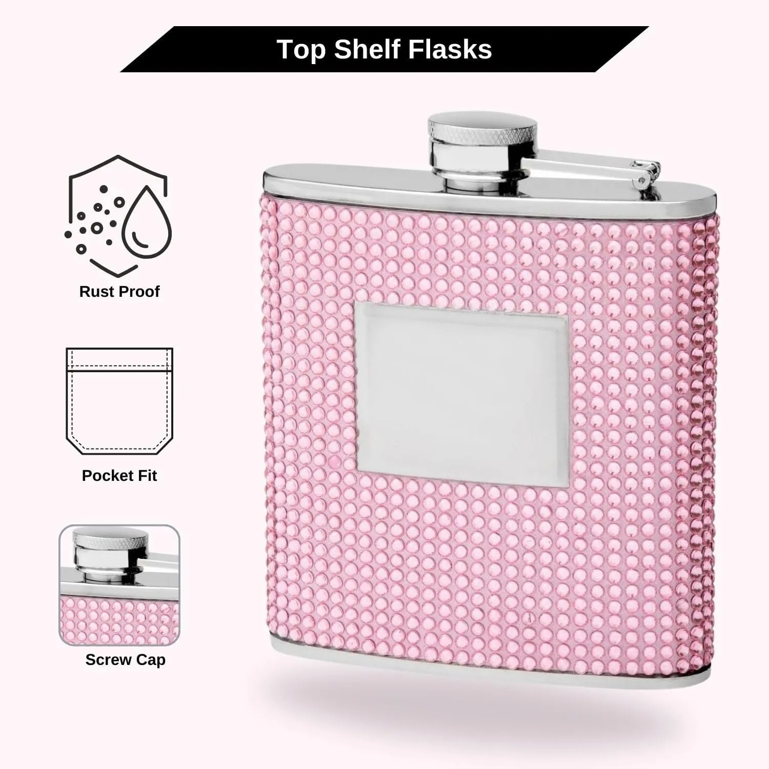 Top Shelf Flasks - Beaded Rhinestone Cute Pink Purse Size Stainless Steel Hip Flask | 6 Oz GIrl Drinking Whiskey Rustproof Flask | Perfect for Girlfriend, Friend Gift