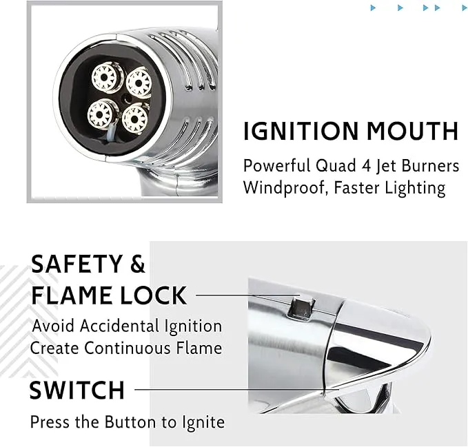 Torch Lighter, Quad 4 Jet Flame Windproof Butane Lighter with Safety Lock Adjustable Refillable Lighter for Kitchen Grill BBQ Candle Camping (Butane NOT Included) (Blue)