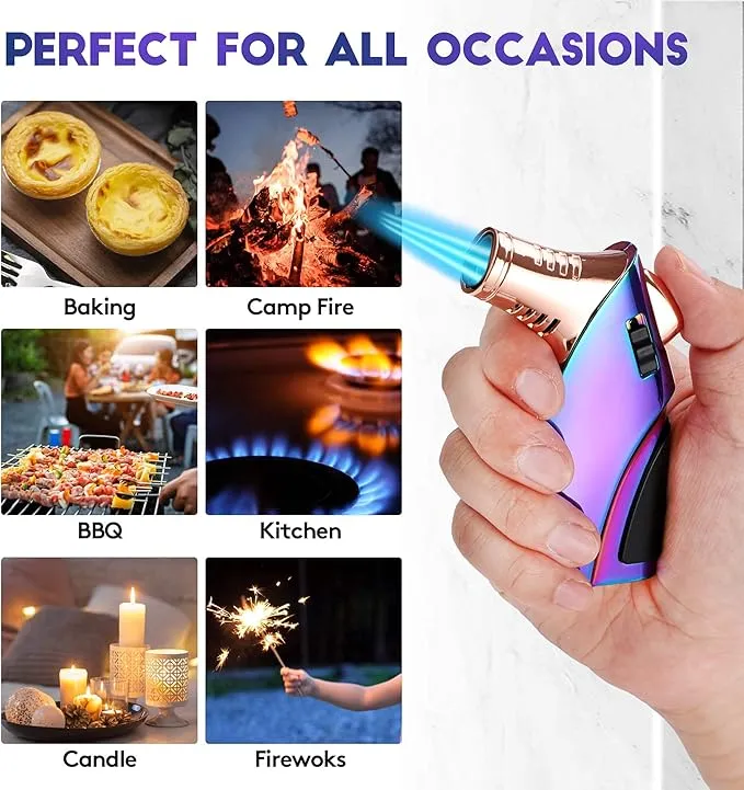 Torch Lighter, Windproof Triple jet Flame Butane Lighter with Safety Lock, Adjustable Flame Refillable Pocket Lighter for Kitchen Outdoor Use, Zinc Alloy - Rainbow Colored (Butane Not Included)
