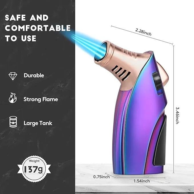 Torch Lighter, Windproof Triple jet Flame Butane Lighter with Safety Lock, Adjustable Flame Refillable Pocket Lighter for Kitchen Outdoor Use, Zinc Alloy - Rainbow Colored (Butane Not Included)