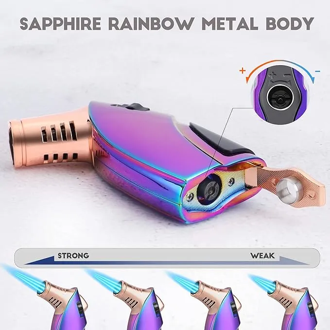 Torch Lighter, Windproof Triple jet Flame Butane Lighter with Safety Lock, Adjustable Flame Refillable Pocket Lighter for Kitchen Outdoor Use, Zinc Alloy - Rainbow Colored (Butane Not Included)