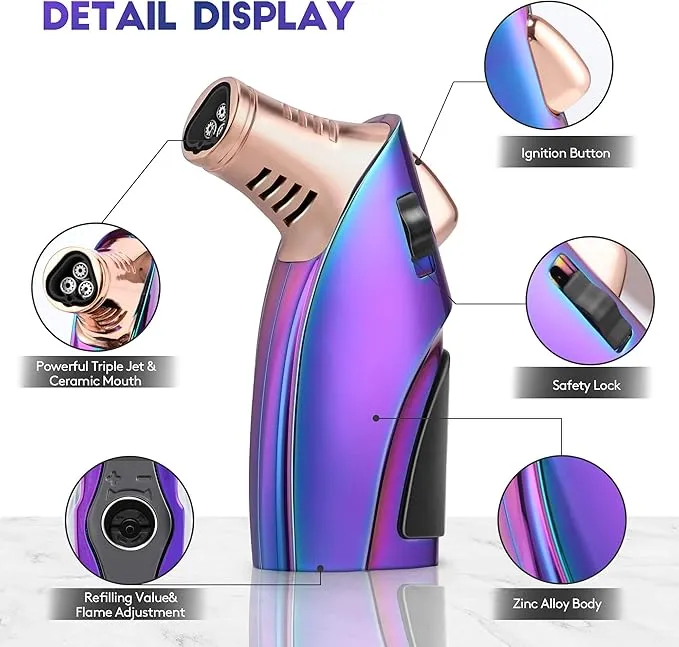 Torch Lighter, Windproof Triple jet Flame Butane Lighter with Safety Lock, Adjustable Flame Refillable Pocket Lighter for Kitchen Outdoor Use, Zinc Alloy - Rainbow Colored (Butane Not Included)