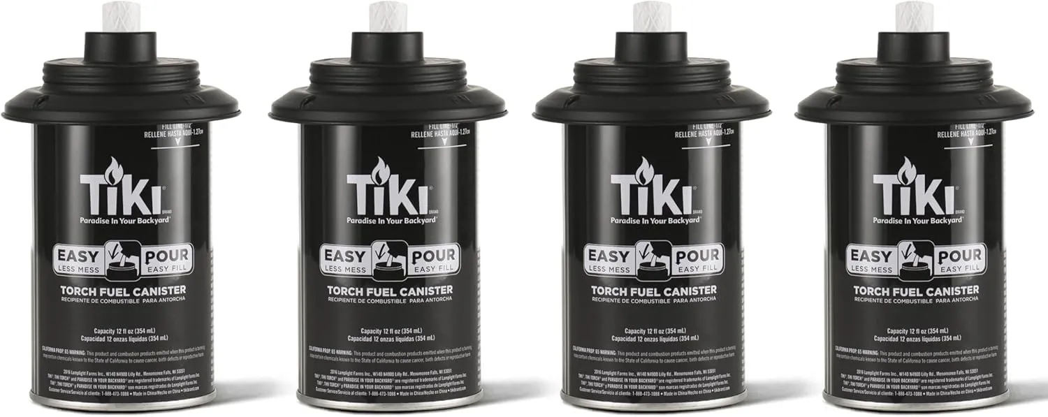 Torch Replacement Canister Set of 4 – Refillable Metal Torch Fuel Canisters with Easy Pour System, 12 oz – Weather-Resistant Outdoor Lighting Accessories for Patio, Garden & Deck