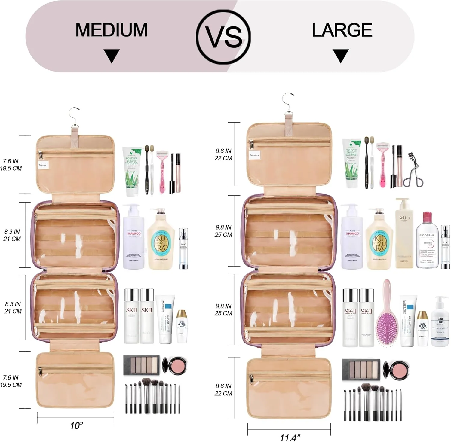 Travel Hanging Toiletry Bag for Women and Men, with 8 Leak Proofing Silicone Bottle Covers, Waterproof Makeup Accessories, Cosmetic Essentials, Toiletries Dopp Kit Set with Jewelry Organizer, Purple