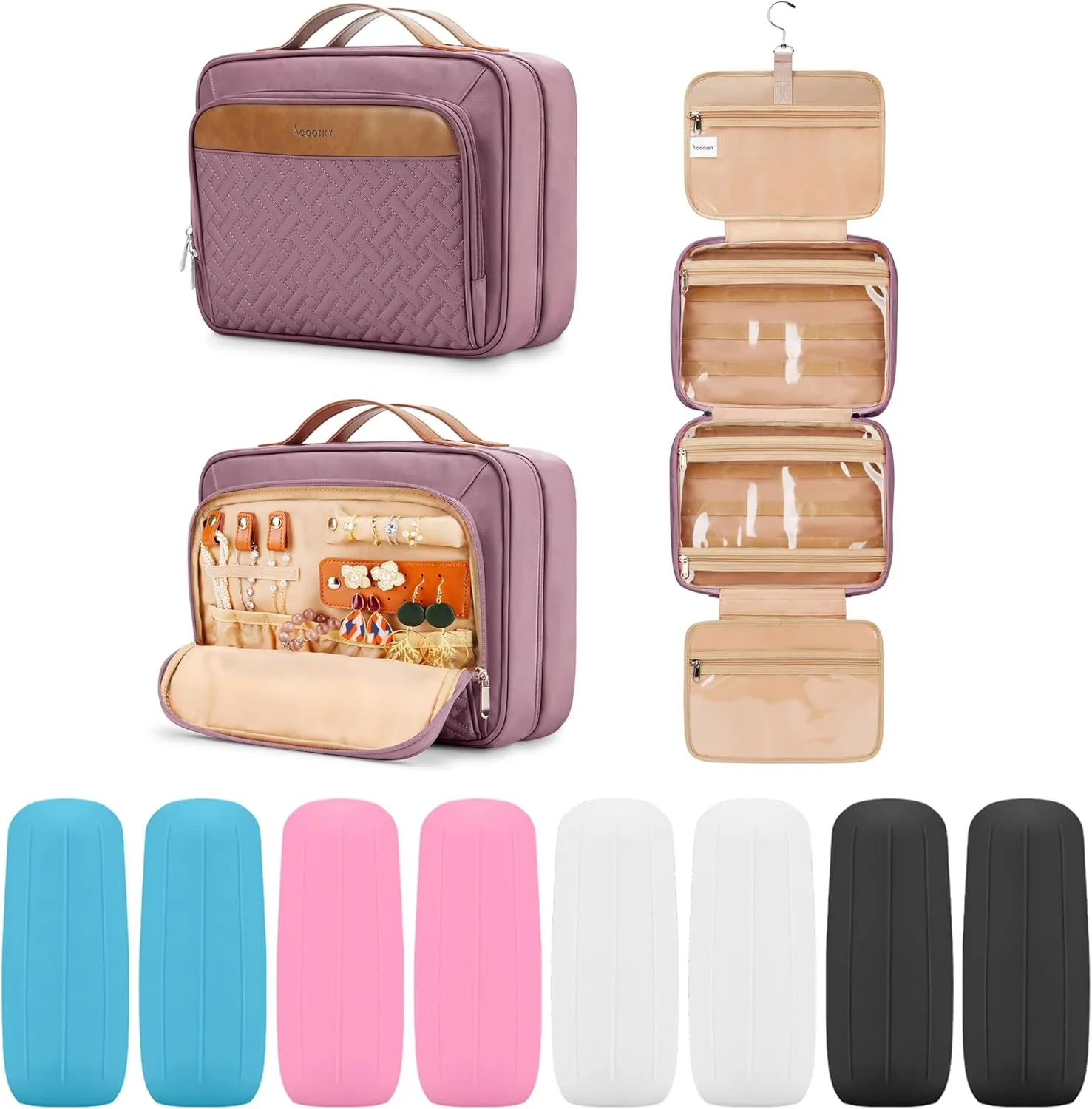 Travel Hanging Toiletry Bag for Women and Men, with 8 Leak Proofing Silicone Bottle Covers, Waterproof Makeup Accessories, Cosmetic Essentials, Toiletries Dopp Kit Set with Jewelry Organizer, Purple