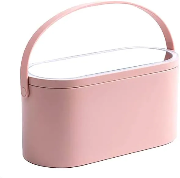 Travel Makeup Case with LED Mirror,Pink Portable Home Cosmetics Box,9 In Makeup Organizer Box with Handle and Led,Touch Switch Rechargeable Makeup Storage Case Gifts for Women Girls