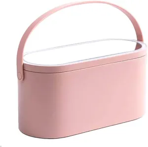 Travel Makeup Case with LED Mirror,Pink Portable Home Cosmetics Box,9 In Makeup Organizer Box with Handle and Led,Touch Switch Rechargeable Makeup Storage Case Gifts for Women Girls