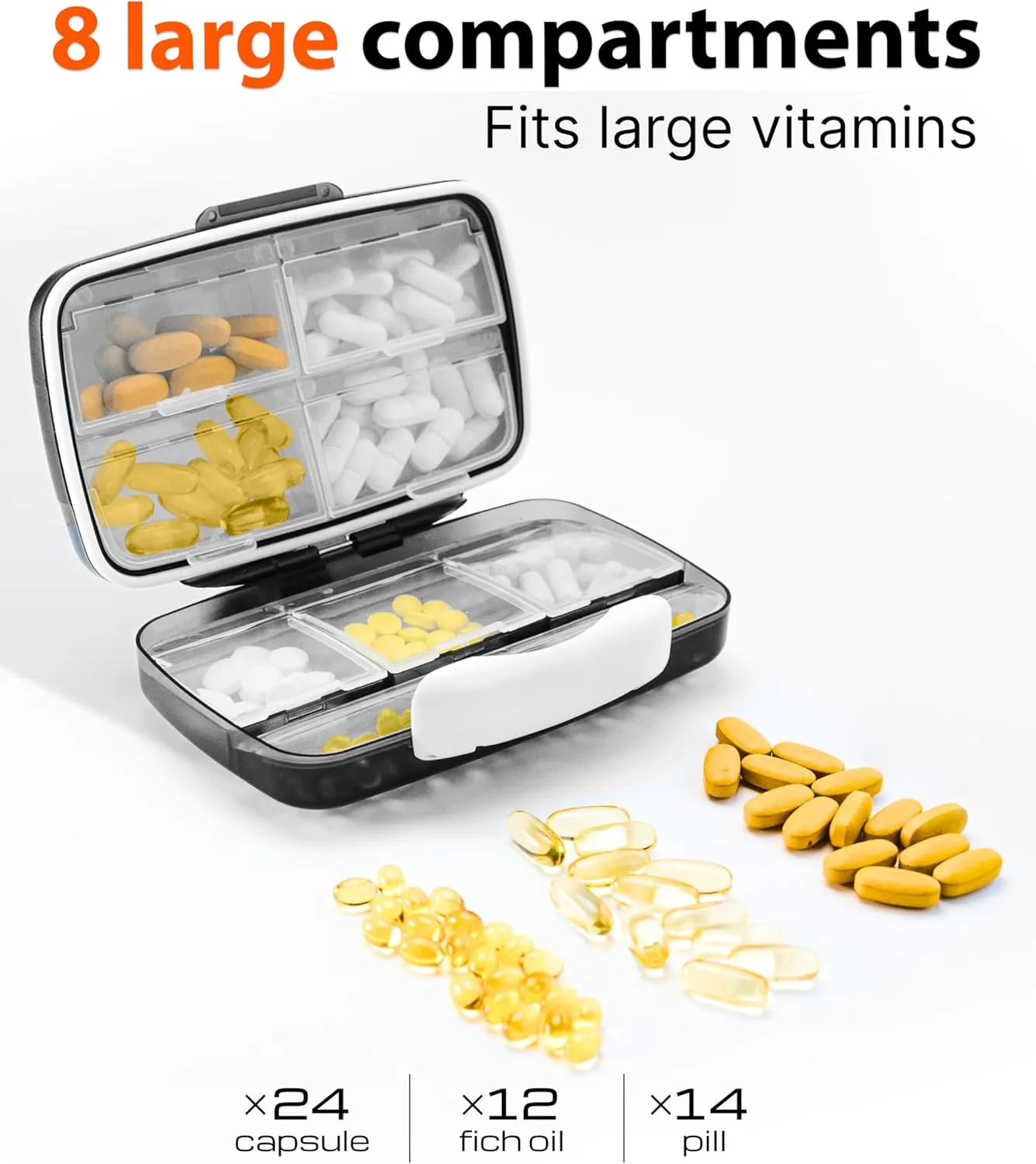 Travel Pill Organizer - Airtight Medicine Case for Traveling Portable Pharmacy Box with Labels Vitamin Container 8 Compartment Supplement Medication Holder Large Capacity Daily (Black)