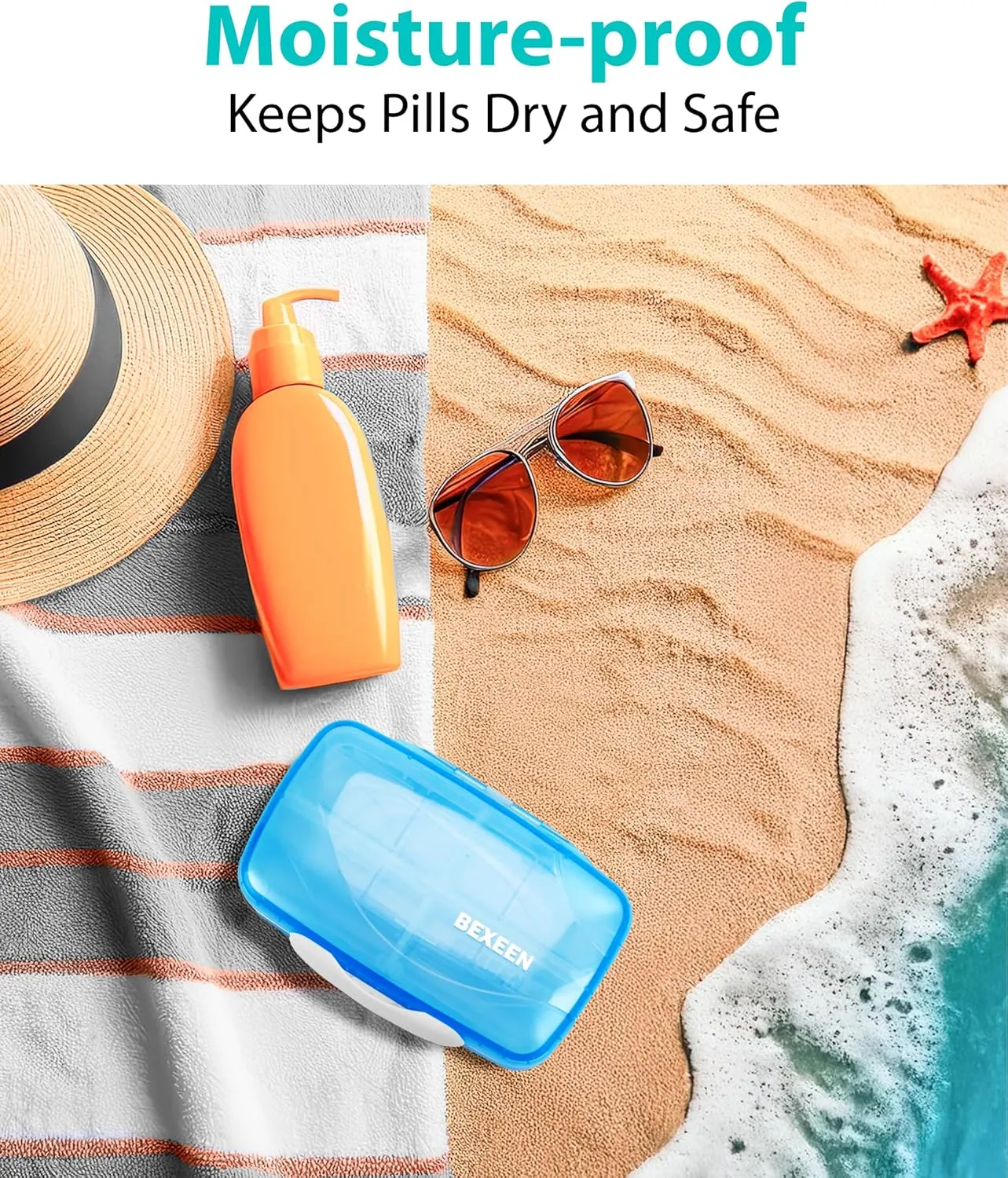 Travel Pill Organizer - Airtight Medicine Case for Traveling Portable Pharmacy Box with Labels Vitamin Container 8 Compartment Supplement Medication Holder Large Capacity Daily (Blue)