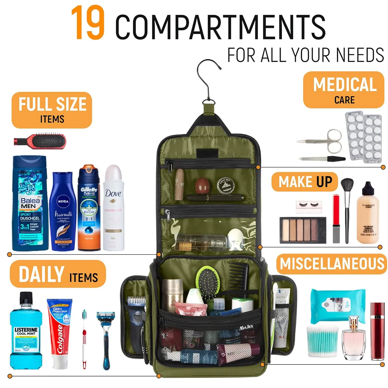 Travel Toiletry Bag for Men and Women - Large Hanging Toiletry Organizer - Waterproof Hygiene Bag with Metal XXL Swivel Hook, with YKK Zippers and 19 Compartments for Toiletries, Makeup, Cosmetics