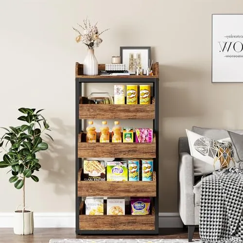 Tribesigns Wood Fruit and Vegetable Storage Rack, 5-Tier Pull-Out Snack Stand Fruit Basket Stand, Utility Shelf Organizer for Kitchen, Living Room, Bedroom, Rustic Brown