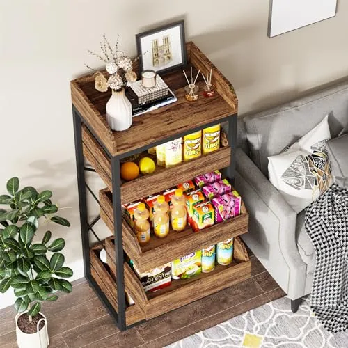 Tribesigns Wood Fruit and Vegetable Storage Rack, 5-Tier Pull-Out Snack Stand Fruit Basket Stand, Utility Shelf Organizer for Kitchen, Living Room, Bedroom, Rustic Brown