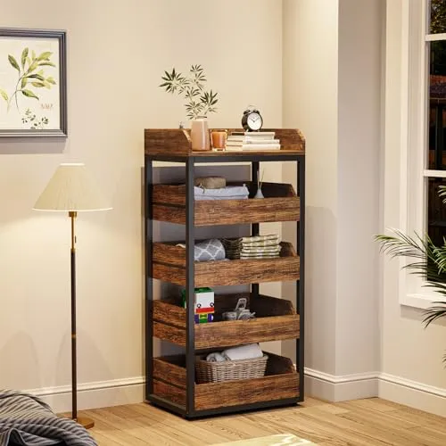 Tribesigns Wood Fruit and Vegetable Storage Rack, 5-Tier Pull-Out Snack Stand Fruit Basket Stand, Utility Shelf Organizer for Kitchen, Living Room, Bedroom, Rustic Brown