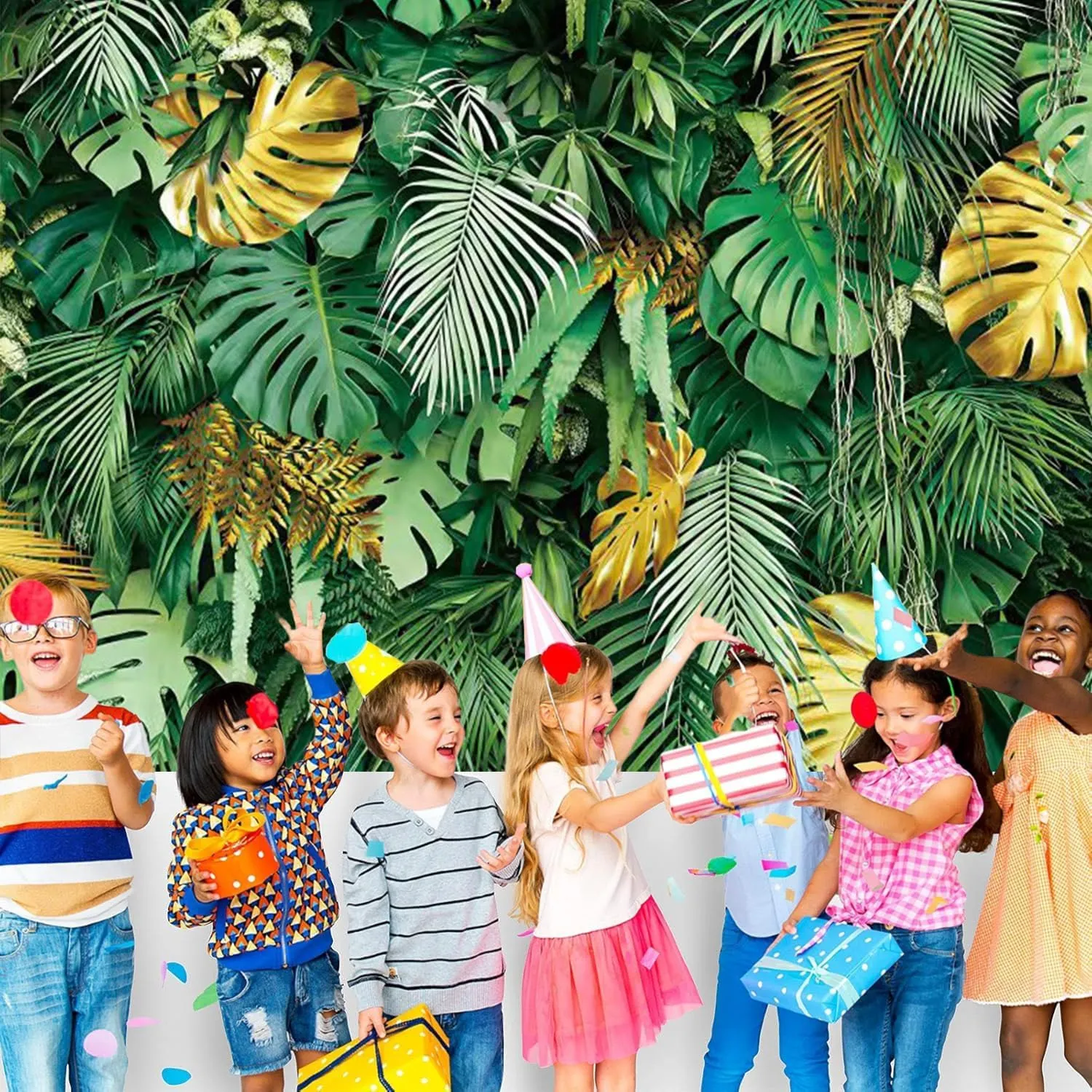 Tropical Palm Leaves Backdrop 10x8ft Jungle Safari Gold Plants Photography Background Summer Green and Golden Leaf Hawaiian Luau Party Banner for Baby Shower Birthday Decorations Fabric Polyester